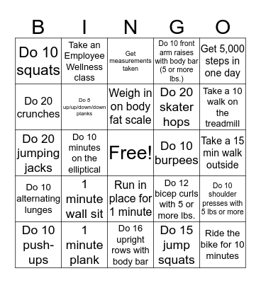 Fitness Bingo Card