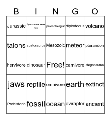 Dino Bingo-Saurus Bingo Card