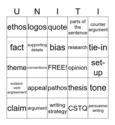 ELA Unit I Academic Vocabulary Bingo Card