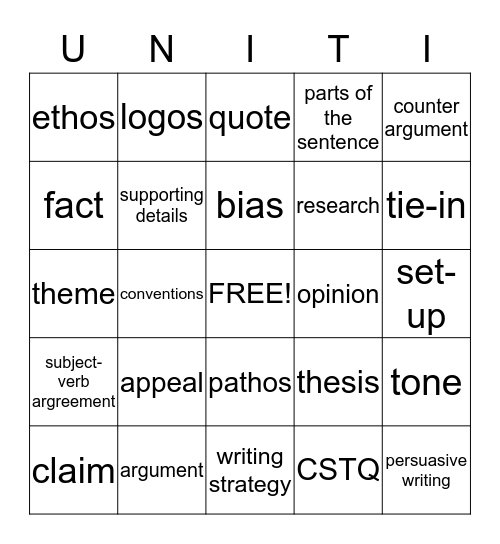 ELA Unit I Academic Vocabulary Bingo Card