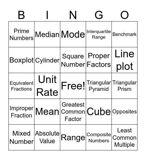 Math Bingo Card