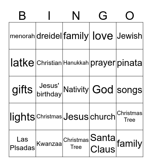 Winter Holidays Bingo Card