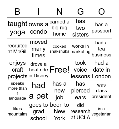 Getting to Know You Bingo Card