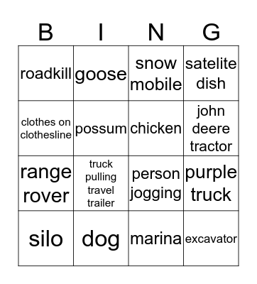 Road Trip Bingo Card