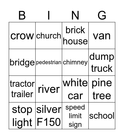 Road Trip Bingo Card