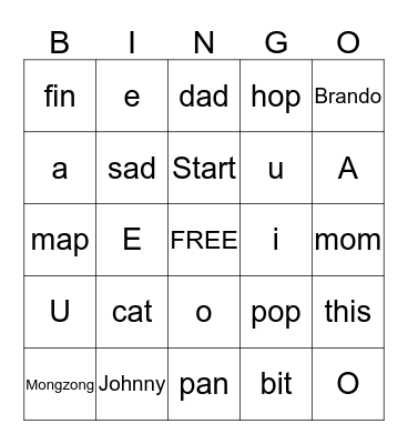 CVC and vowel BINGO! Bingo Card