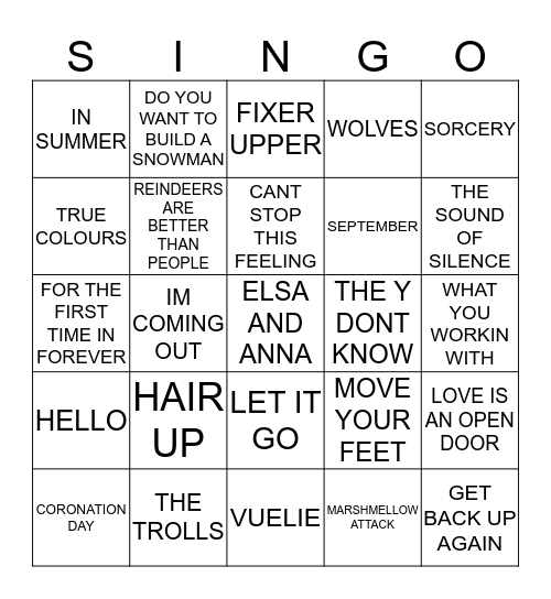 304 TROLLS VS FROZEN Bingo Card