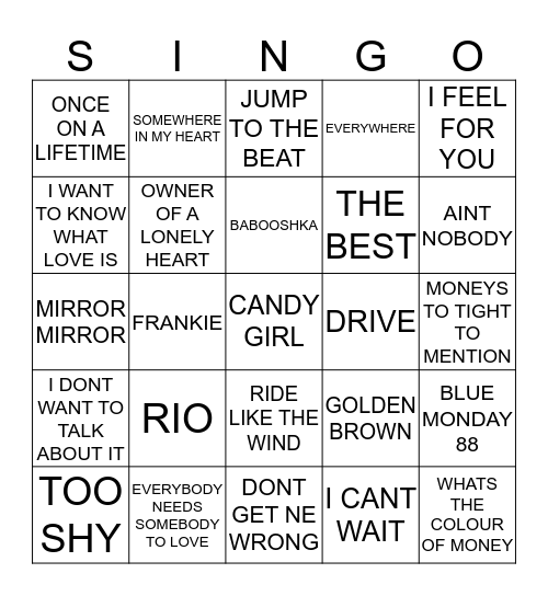 305 80’S SMASH HITS Bingo Card