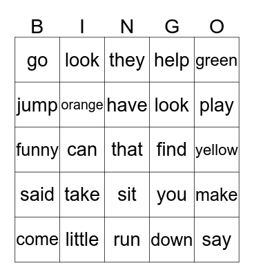 Sight Words Bingo Card