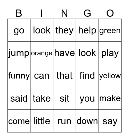 Sight Words Bingo Card