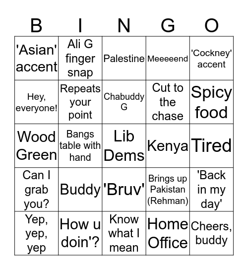 Dinner Bingo Card