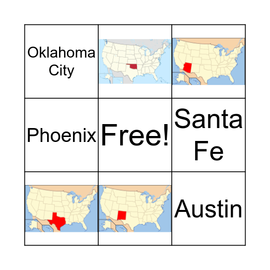 Southwest States / Capitals Bingo Card
