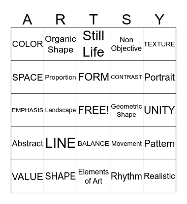 2D Art Vocabulary Bingo Card