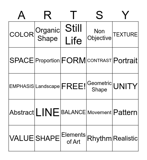 2D Art Vocabulary Bingo Card