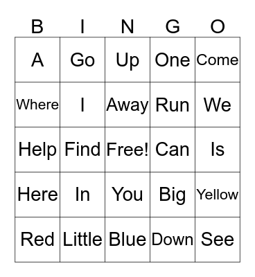 Sight Words Bingo Card