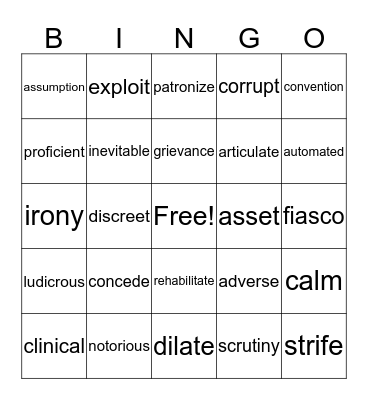 Vocabulary Words Bingo Card