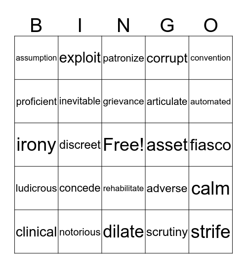 Vocabulary Words Bingo Card