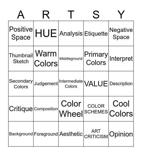 Art Vocabulary (page 2 of the study guide) Bingo Card