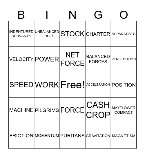 Forces, Motion, and Colonial America Bingo Card