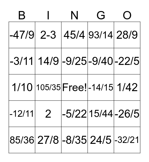 Fraction Math-O Bingo Card