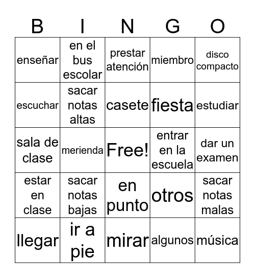 Spanish 1 Chapter 4 Vocabulary Bingo Card