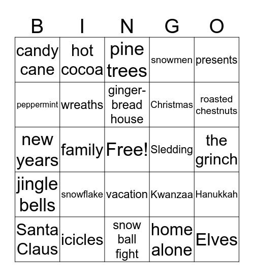 Winter/Holiday Bingo Card