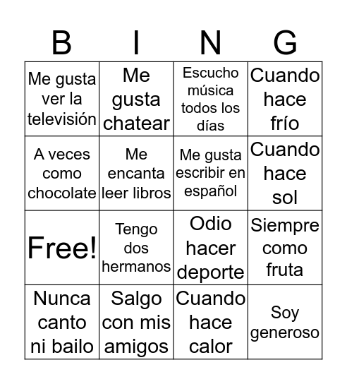 BINGO! Mi tiempo libre  Bingo Card
