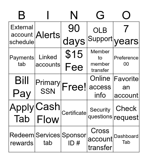 Jwaala-Online Banking Bingo Card