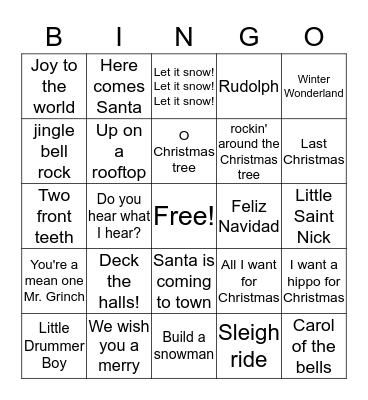 Christmas Song BINGO Card