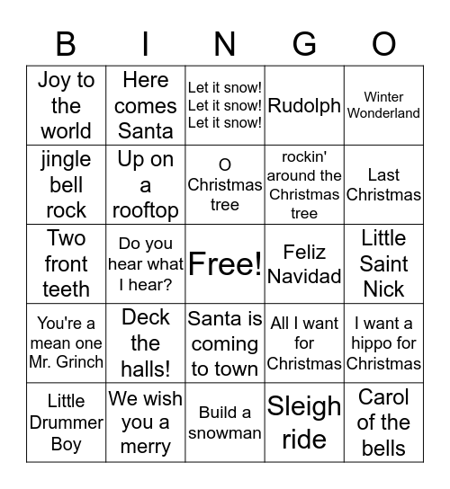 Christmas Song BINGO Card
