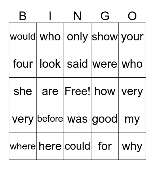 sight words Bingo Card