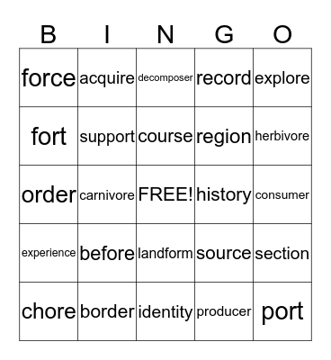 Spelling and Vocabulary Bingo Card