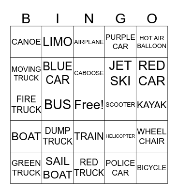 VEHICLE BINGO Card