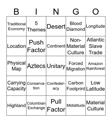 World Geography and Cultures Semester 1 Bingo  Bingo Card