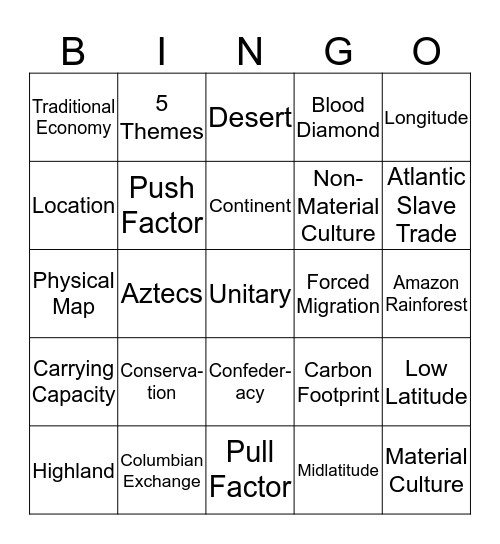 World Geography and Cultures Semester 1 Bingo  Bingo Card