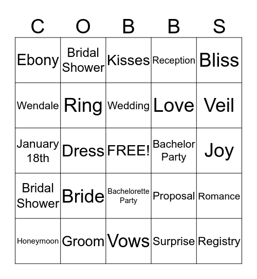 COBBS WEDDING BINGO Card