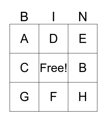 Alphabet A-H Bingo Card
