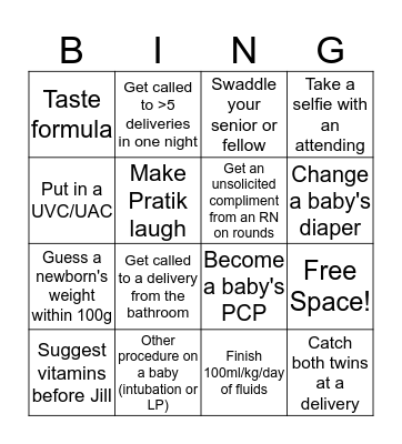 NICU Bingo! Bingo Card
