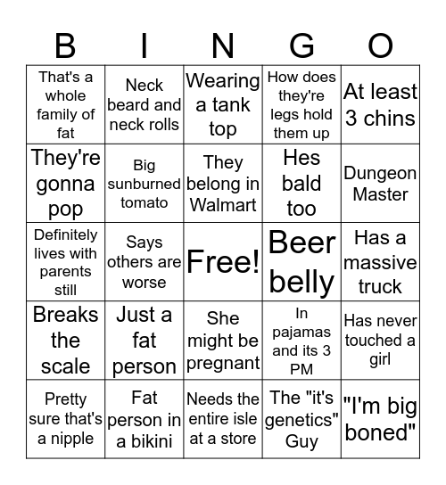 Fat People Bingo Card