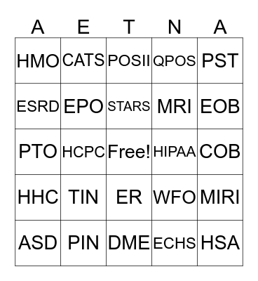 Aetna Shingo Bingo Card