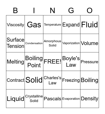 States of Matter Bingo Card