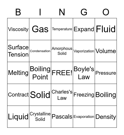 States of Matter Bingo Card