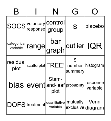 Statistics Vocabulary Bingo Card