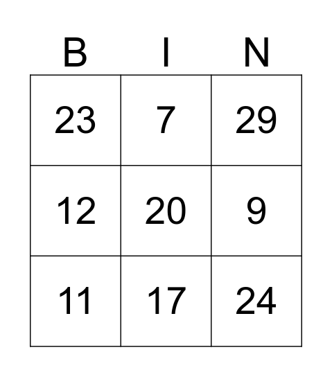 Bingo i 1V Bingo Card