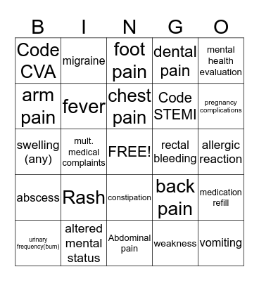 Chief Complaint Bingo Card