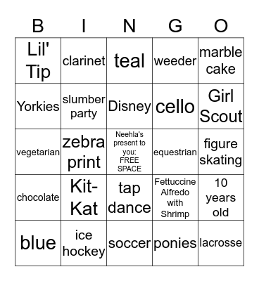 Neehla's Birthday Bingo Card