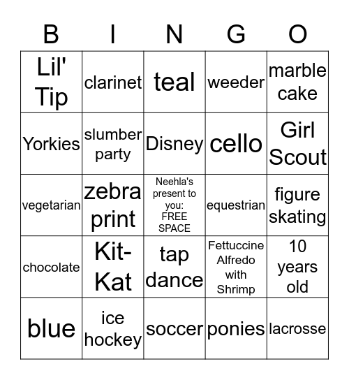 Neehla's Birthday Bingo Card