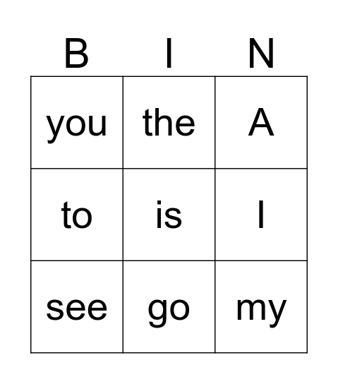 Sight Word Bingo Card