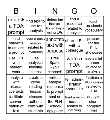 Text Dependent Analysis BINGO Card