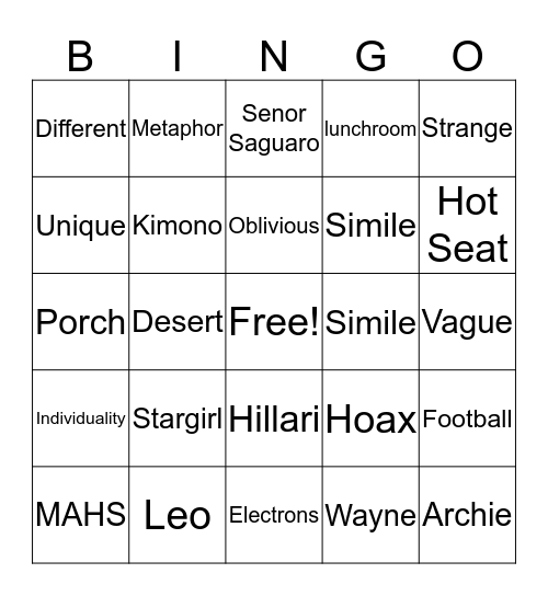 Stargirl Novel Bingo Card